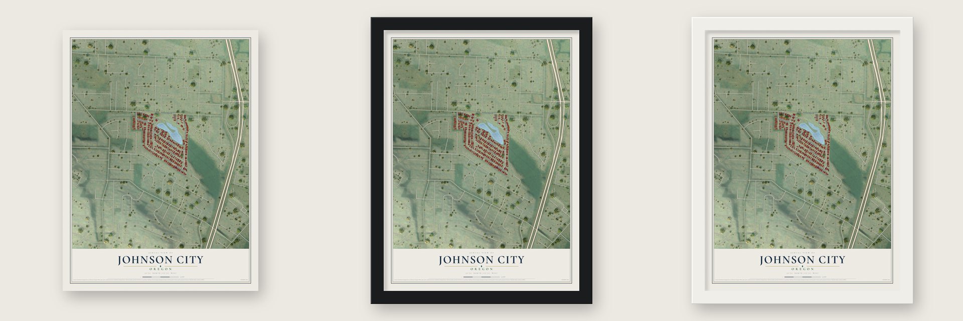 Johnson City, Oregon map unframed, in a black wood frame and in a white wood frame