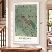 Johnson City, Oregon map, 24 x 36 inch print in a white frame by a staircase