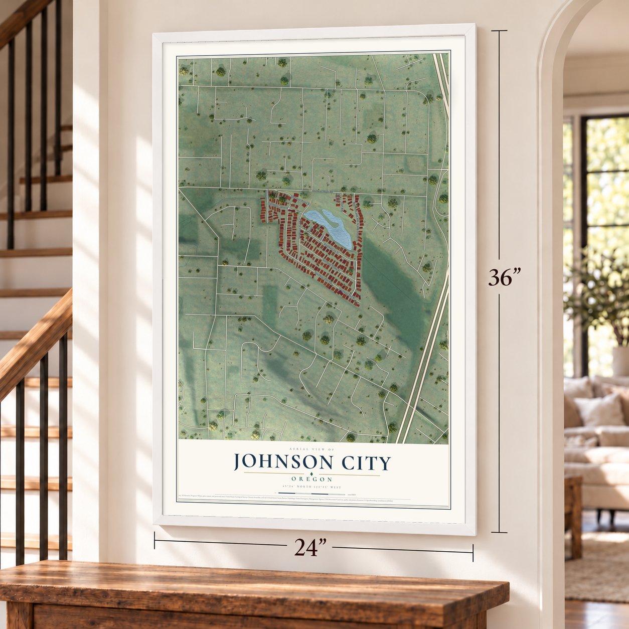 Johnson City, Oregon map, 24 x 36 inch print in a white frame by a staircase