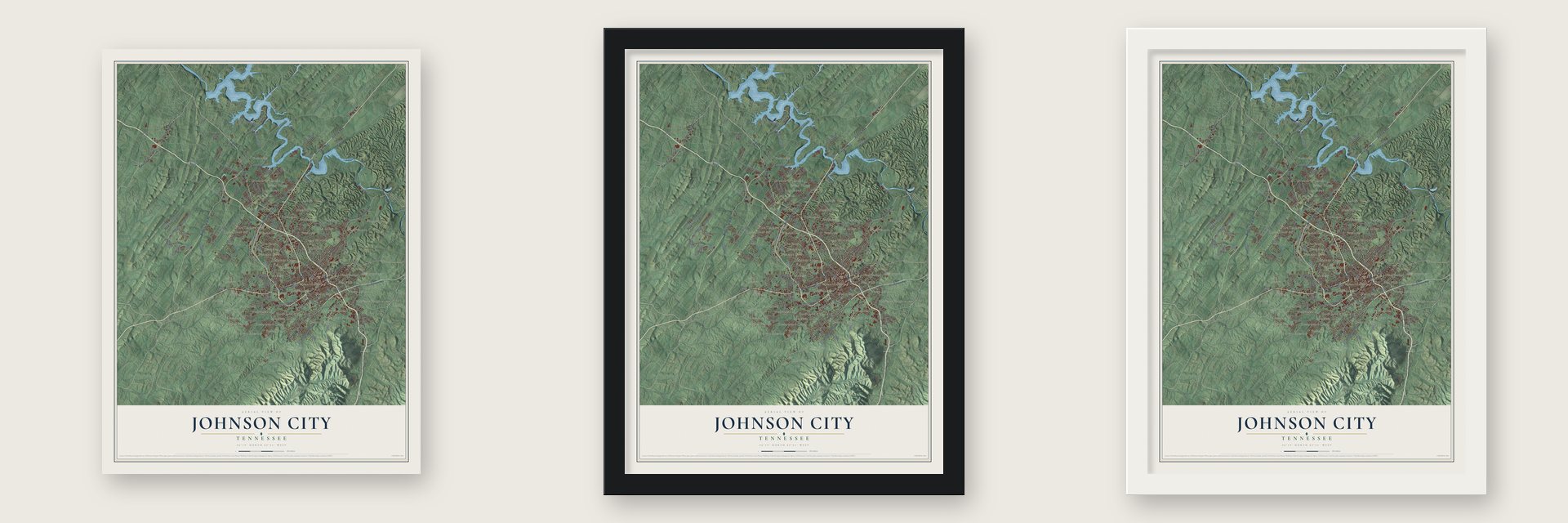 Johnson City, Tennessee map unframed, in a black wood frame and in a white wood frame