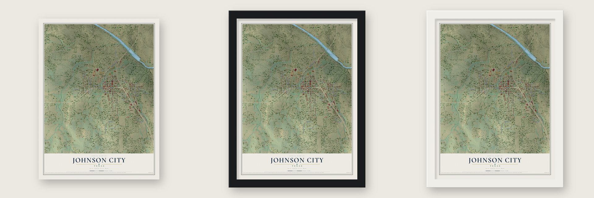 Johnson City, Texas map unframed, in a black wood frame and in a white wood frame