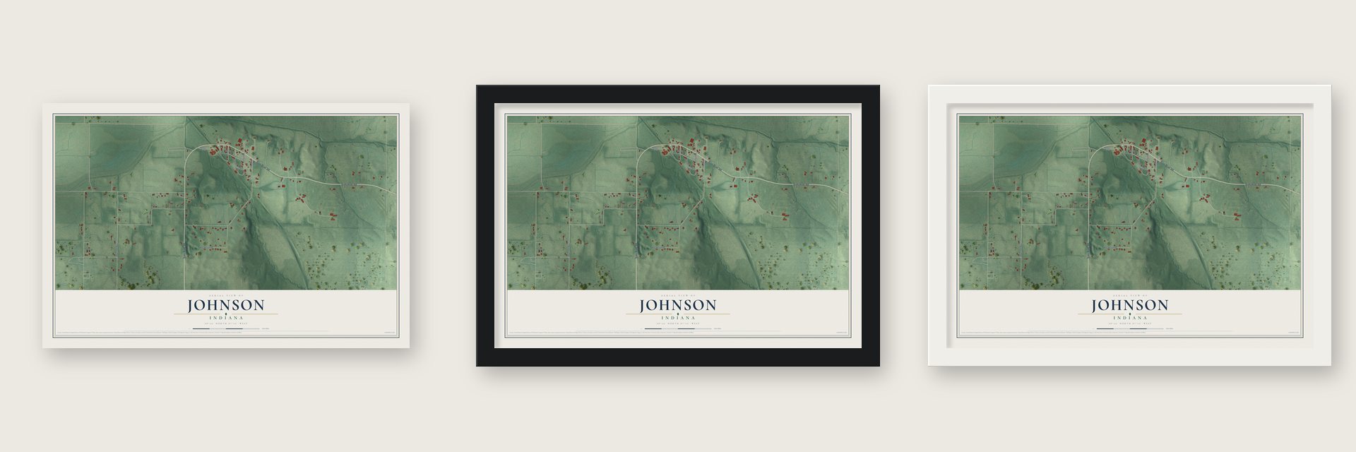 Johnson, Indiana map unframed, in a black wood frame and in a white wood frame