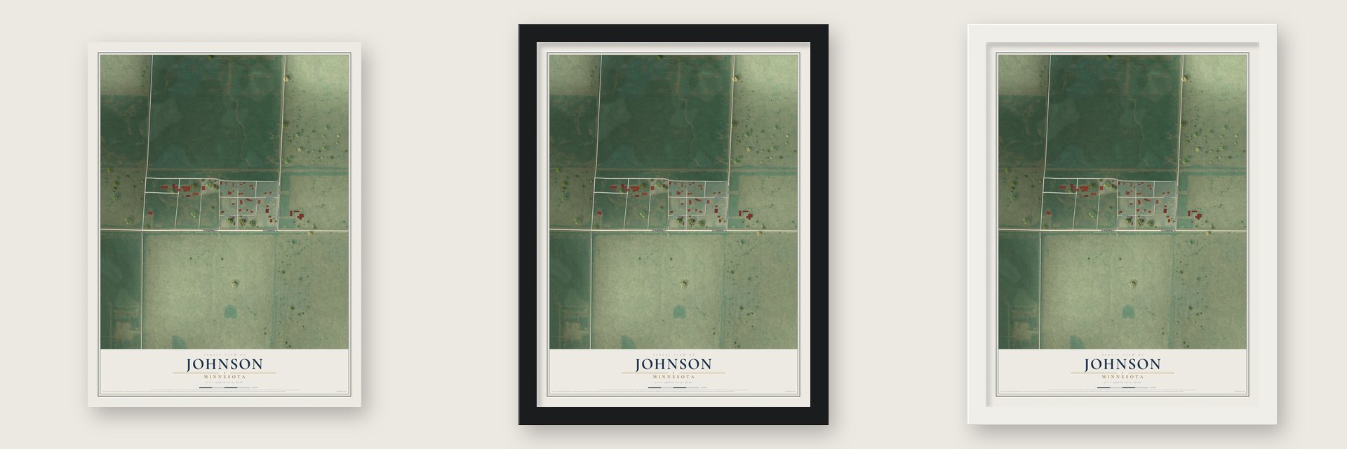 Johnson, Minnesota map unframed, in a black wood frame and in a white wood frame