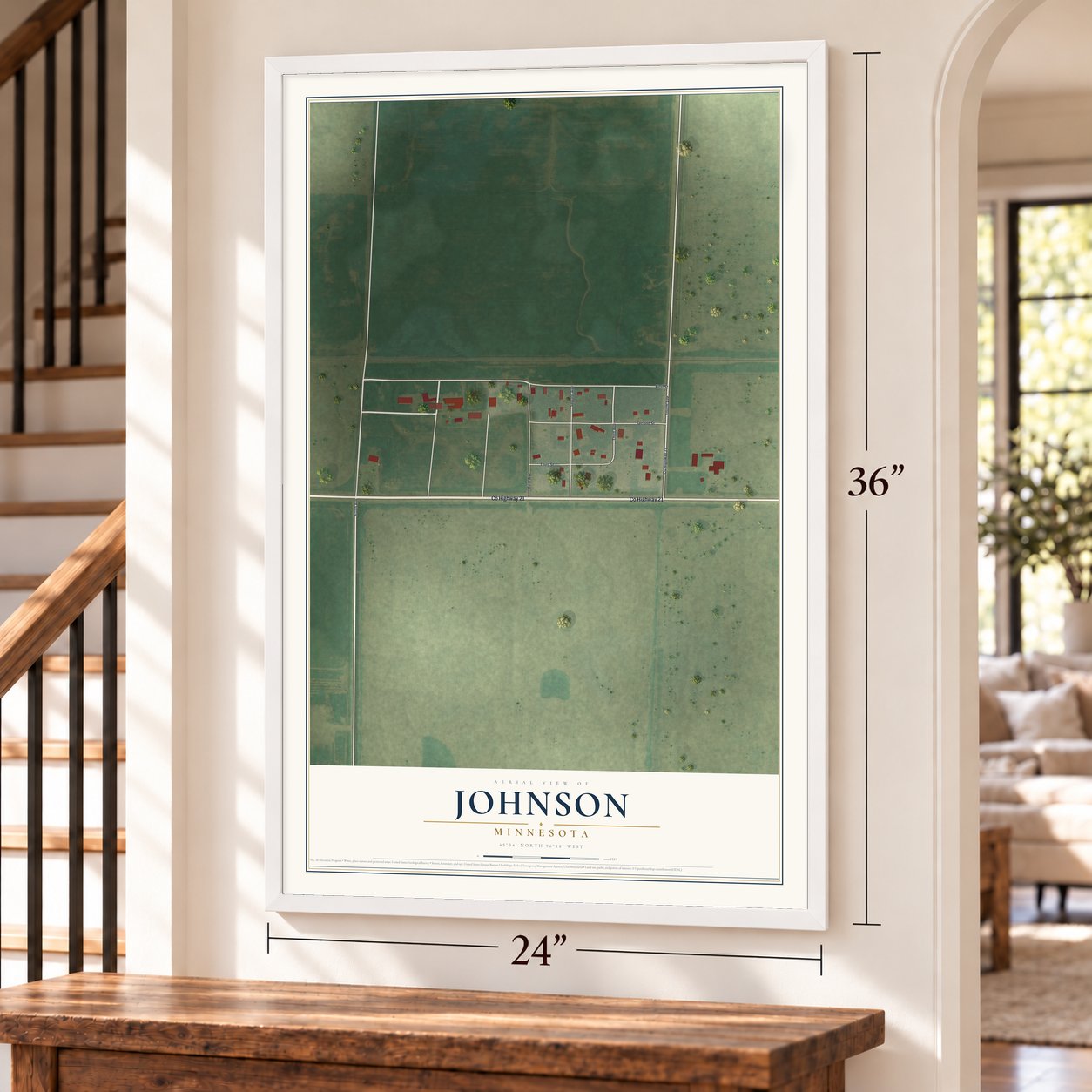 Johnson, Minnesota map, 24 x 36 inch print in a white frame by a staircase