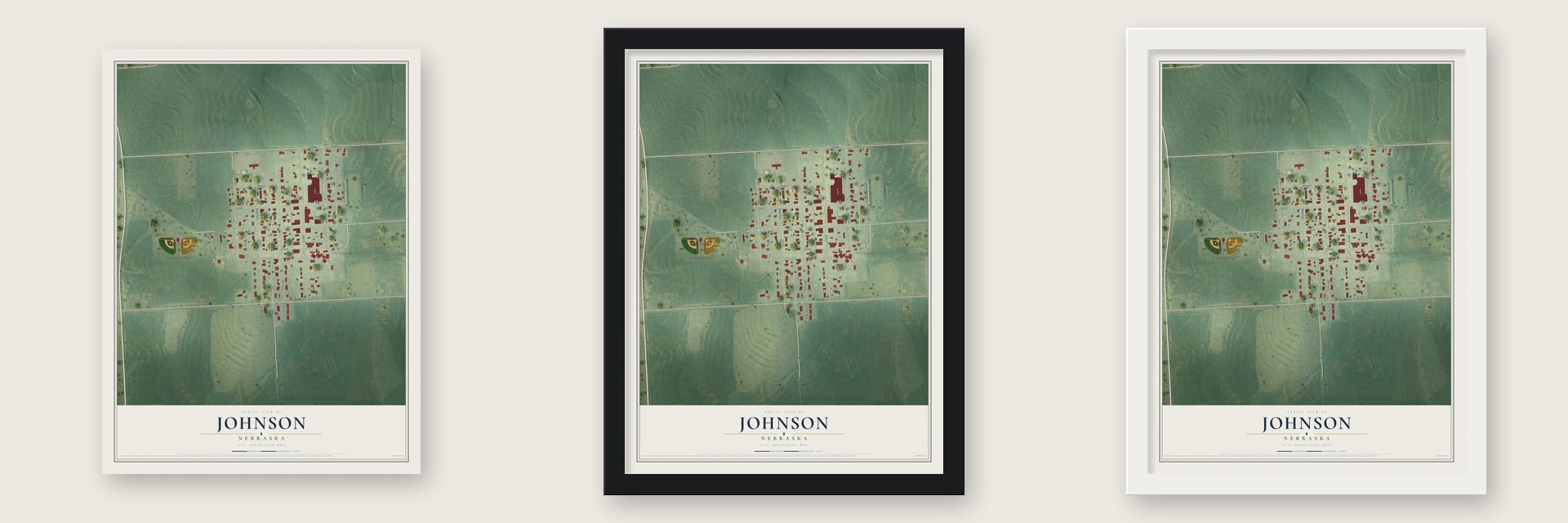 Johnson, Nebraska map unframed, in a black wood frame and in a white wood frame