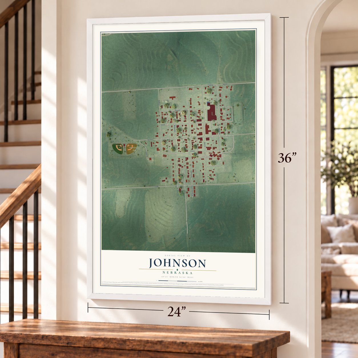 Johnson, Nebraska map, 24 x 36 inch print in a white frame by a staircase