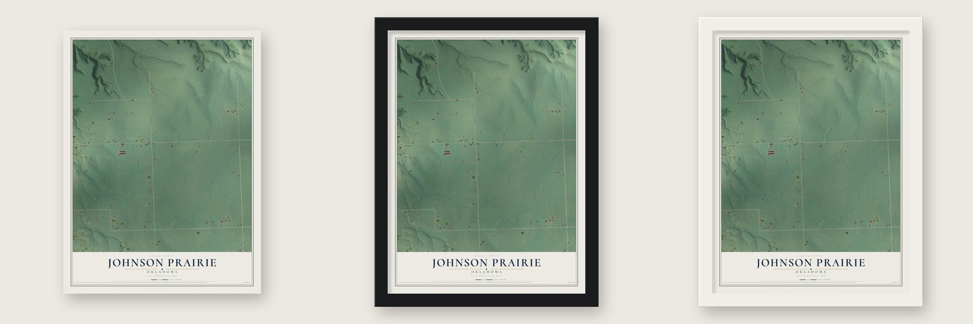 Johnson Prairie, Oklahoma map unframed, in a black wood frame and in a white wood frame