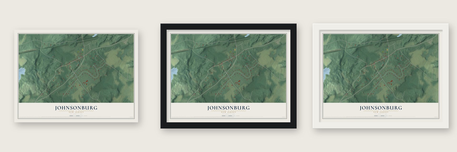 Johnsonburg, New Jersey map unframed, in a black wood frame and in a white wood frame