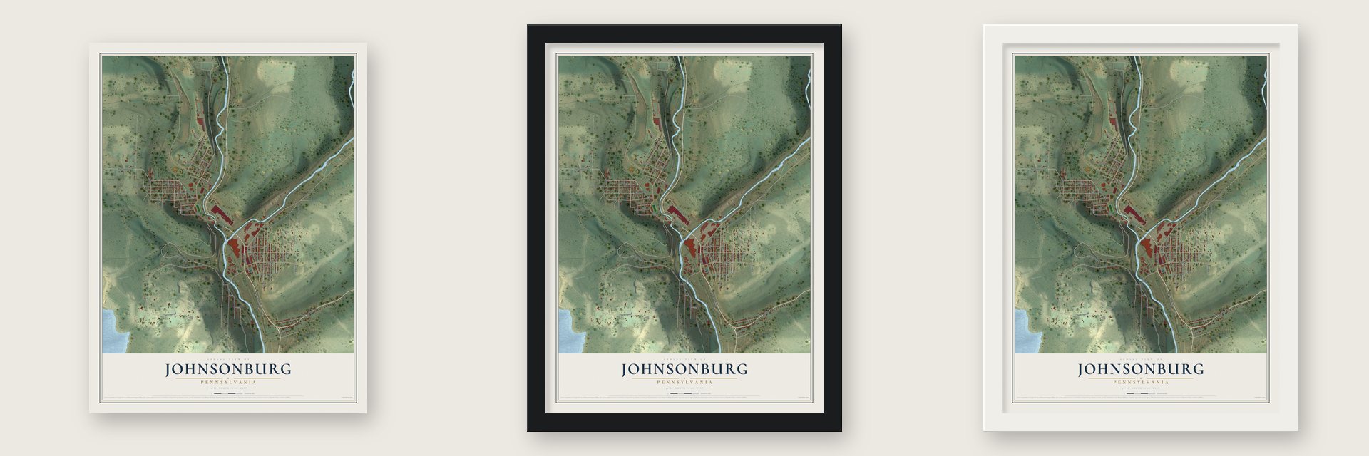 Johnsonburg, Pennsylvania map unframed, in a black wood frame and in a white wood frame