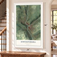 Johnsonburg, Pennsylvania map, 24 x 36 inch print in a white frame by a staircase