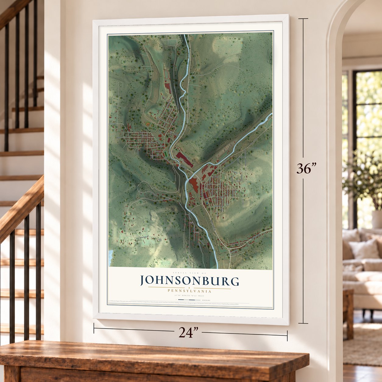 Johnsonburg, Pennsylvania map, 24 x 36 inch print in a white frame by a staircase