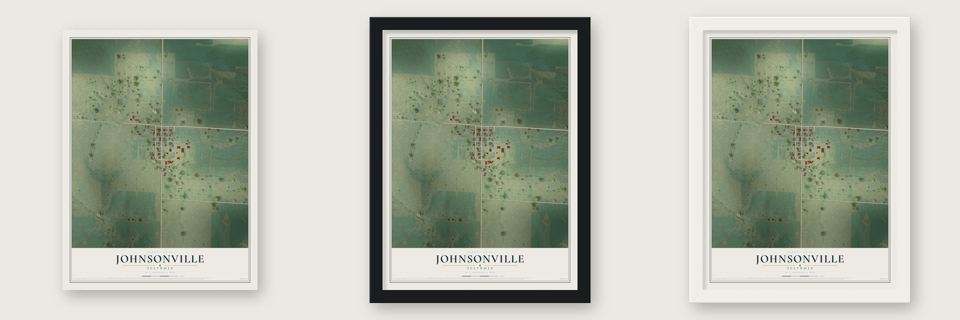 Johnsonville, Illinois map unframed, in a black wood frame and in a white wood frame