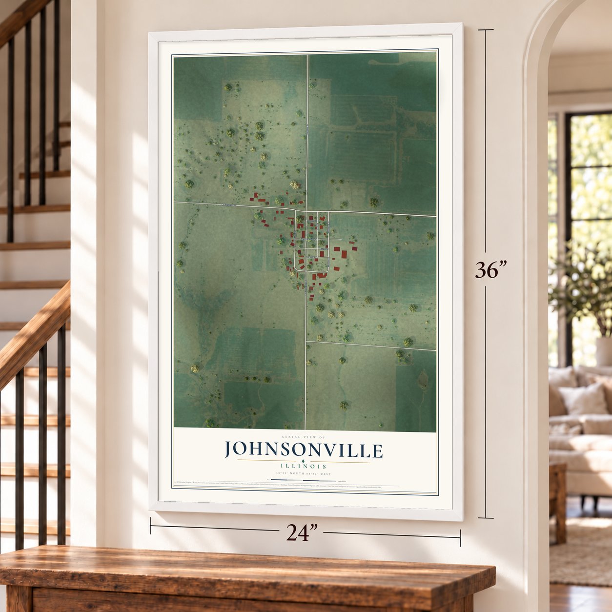 Johnsonville, Illinois map, 24 x 36 inch print in a white frame by a staircase