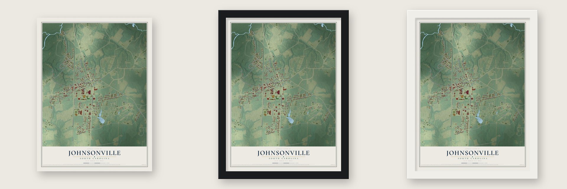 Johnsonville, South Carolina map unframed, in a black wood frame and in a white wood frame