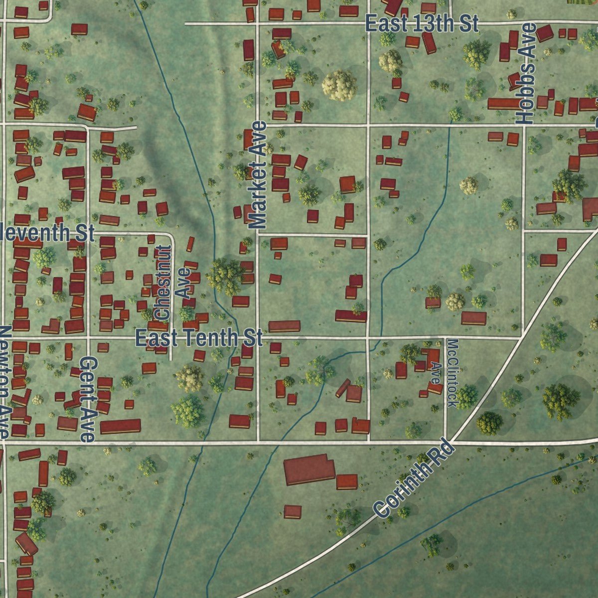 Second close-up of the map of Johnston City, Illinois print showing more streets and buildings