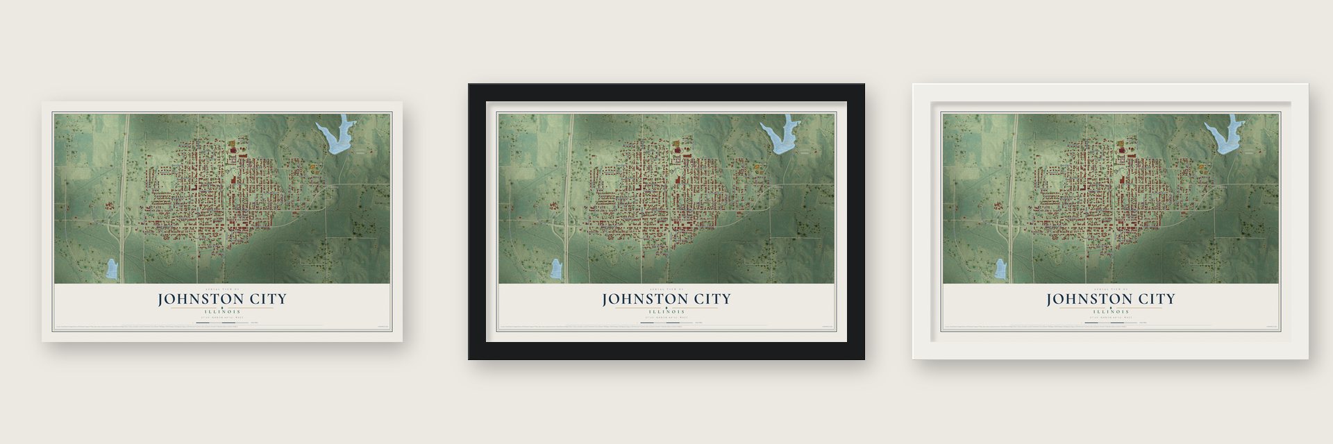 Johnston City, Illinois map unframed, in a black wood frame and in a white wood frame