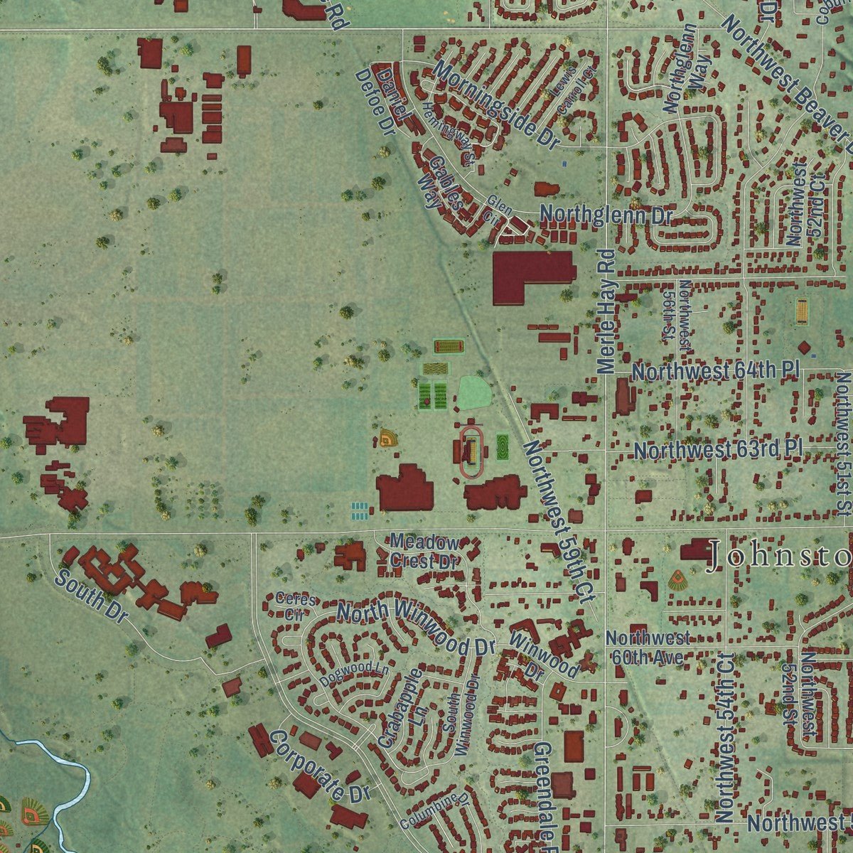 Second close-up of the map of Johnston, Iowa print showing more streets and buildings