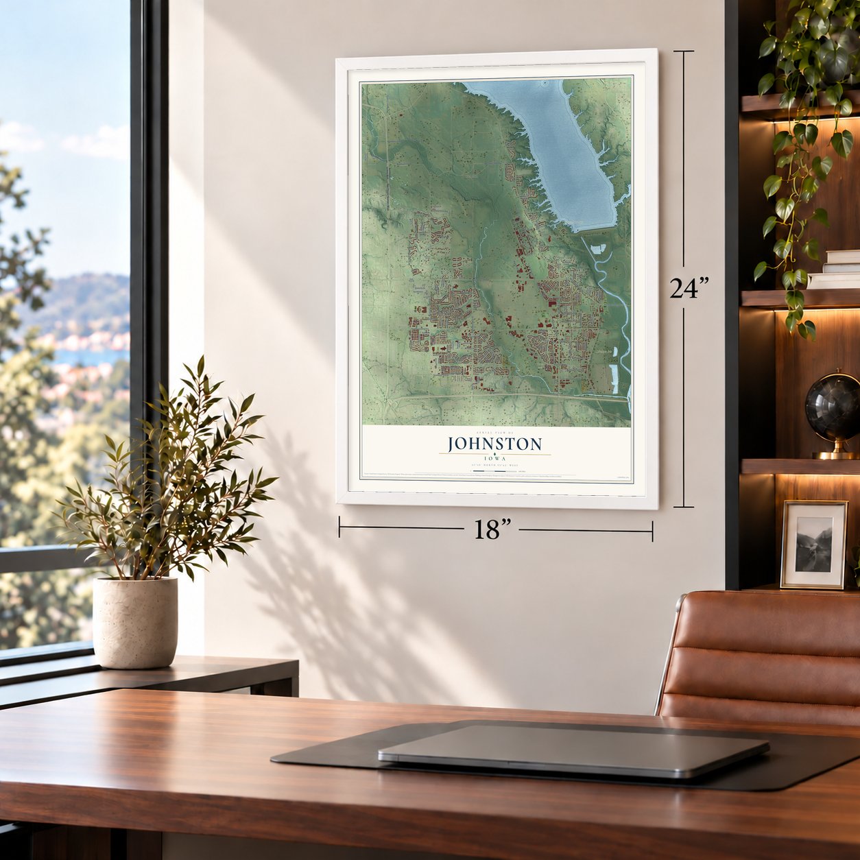 Johnston, Iowa map, 18 x 24 inch print in a white frame in a home office