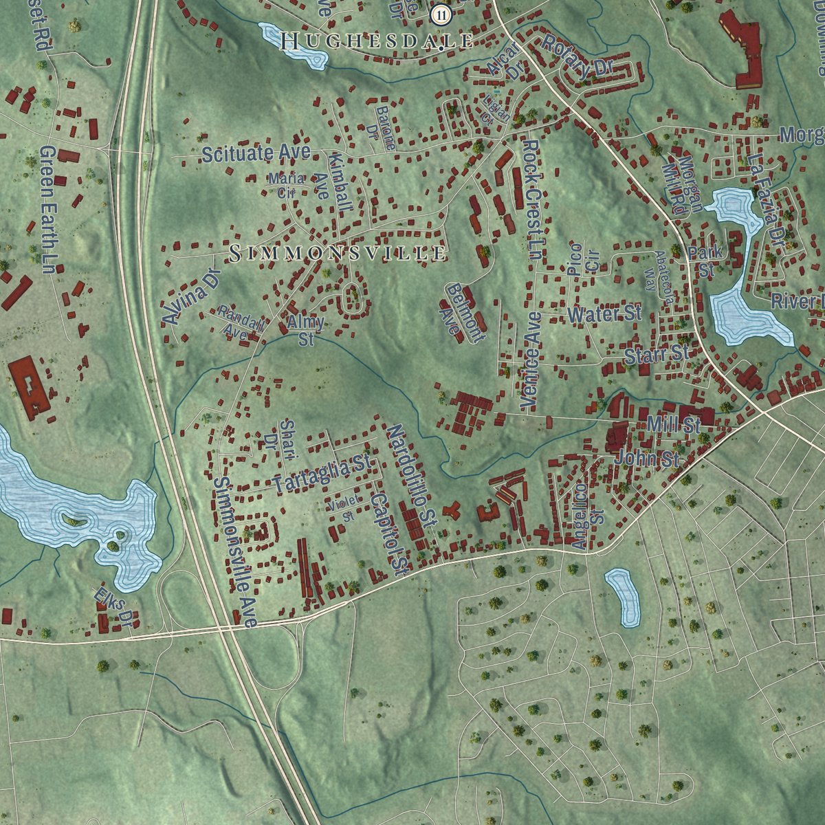 Second close-up of the map of Johnston, Rhode Island print showing more streets and buildings