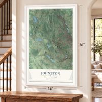 Johnston, Rhode Island map, 24 x 36 inch print in a white frame by a staircase
