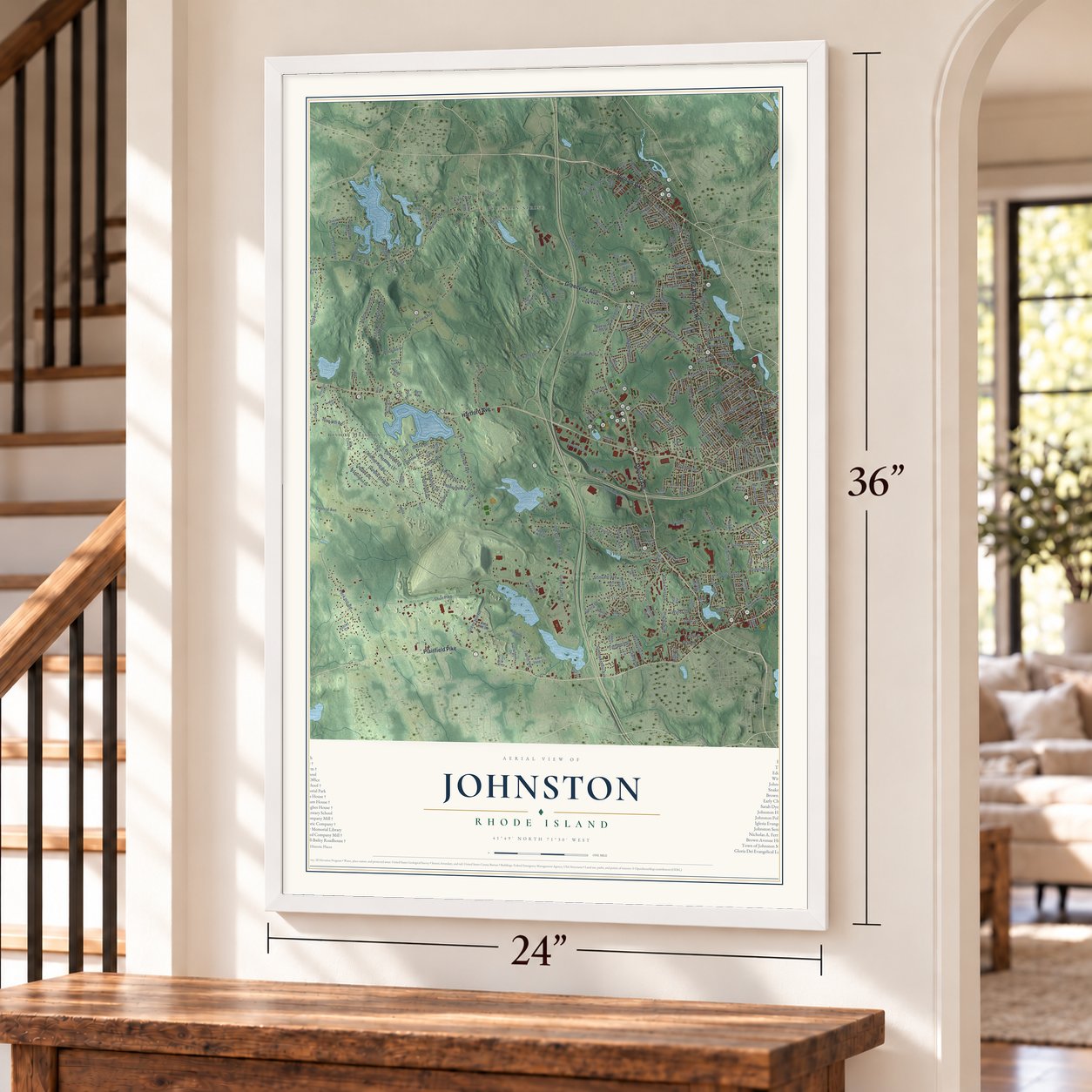 Johnston, Rhode Island map, 24 x 36 inch print in a white frame by a staircase