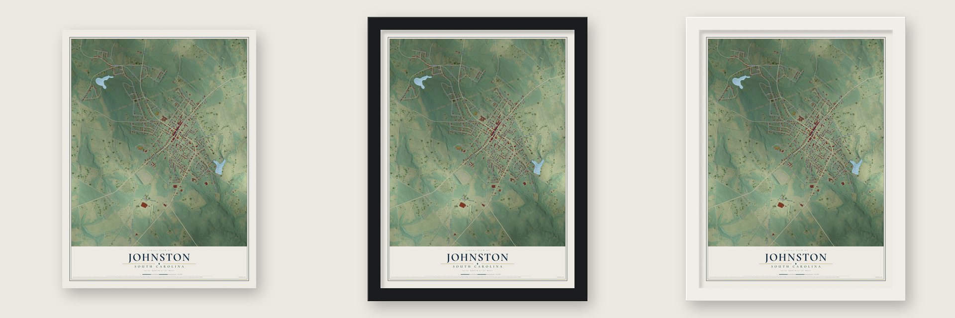 Johnston, South Carolina map unframed, in a black wood frame and in a white wood frame