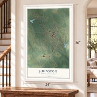 Johnston, South Carolina map, 24 x 36 inch print in a white frame by a staircase