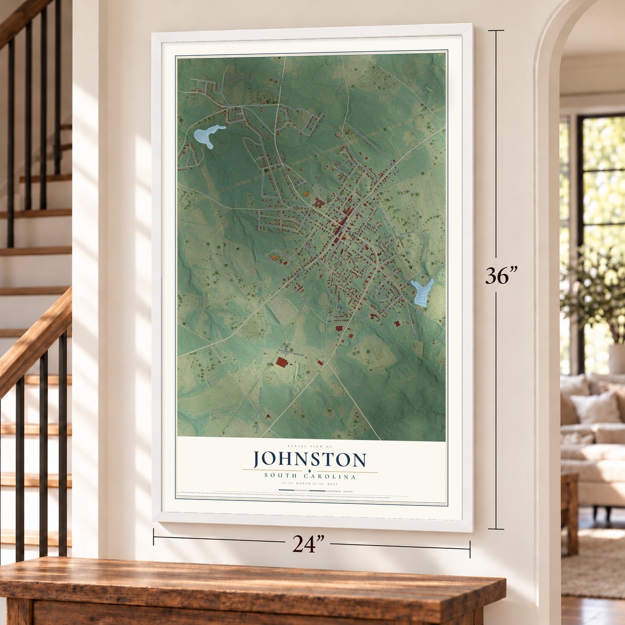 Johnston, South Carolina map, 24 x 36 inch print in a white frame by a staircase