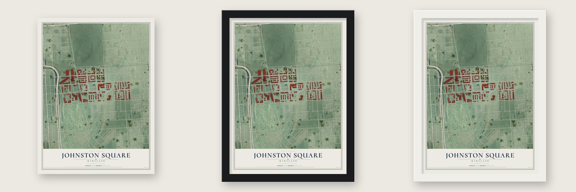 Johnston Square, Maryland map unframed, in a black wood frame and in a white wood frame