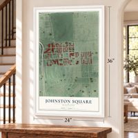Johnston Square, Maryland map, 24 x 36 inch print in a white frame by a staircase
