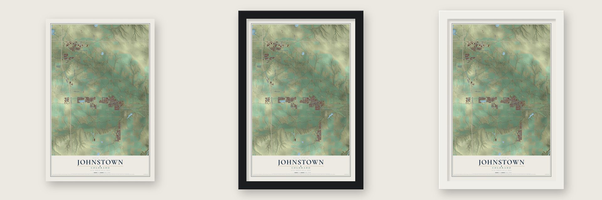 Johnstown, Colorado map unframed, in a black wood frame and in a white wood frame