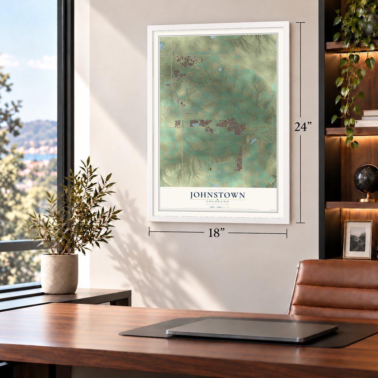 Johnstown, Colorado map, 18 x 24 inch print in a white frame in a home office