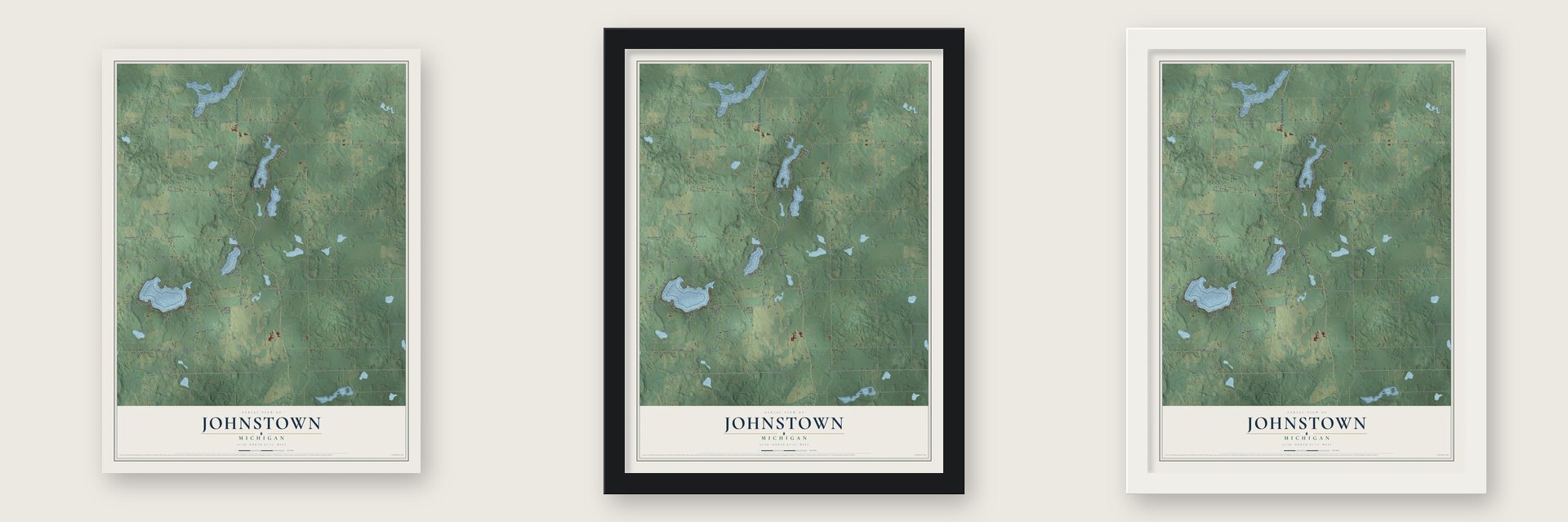 Johnstown, Michigan map unframed, in a black wood frame and in a white wood frame