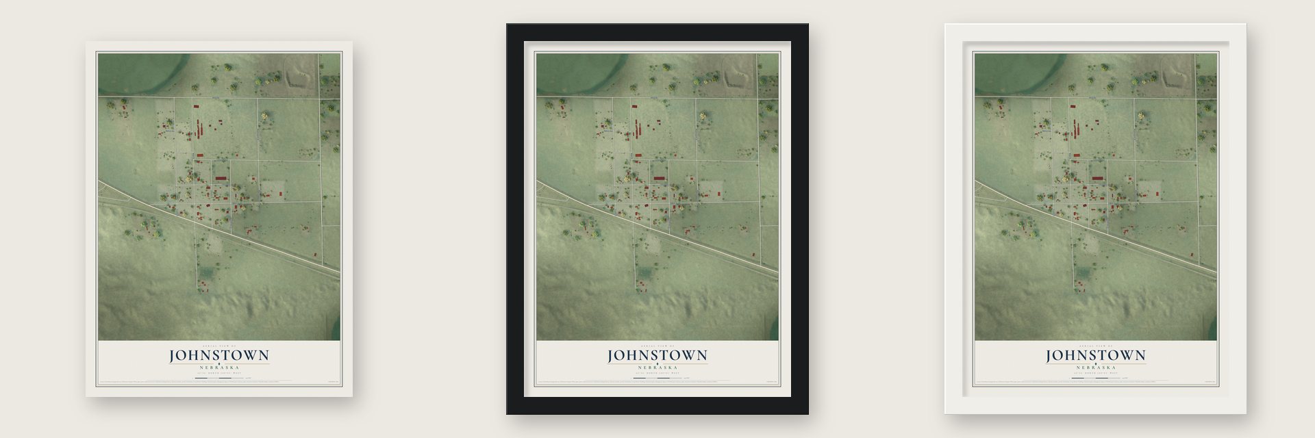 Johnstown, Nebraska map unframed, in a black wood frame and in a white wood frame