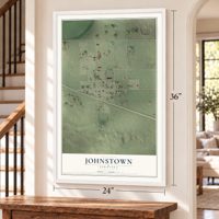 Johnstown, Nebraska map, 24 x 36 inch print in a white frame by a staircase