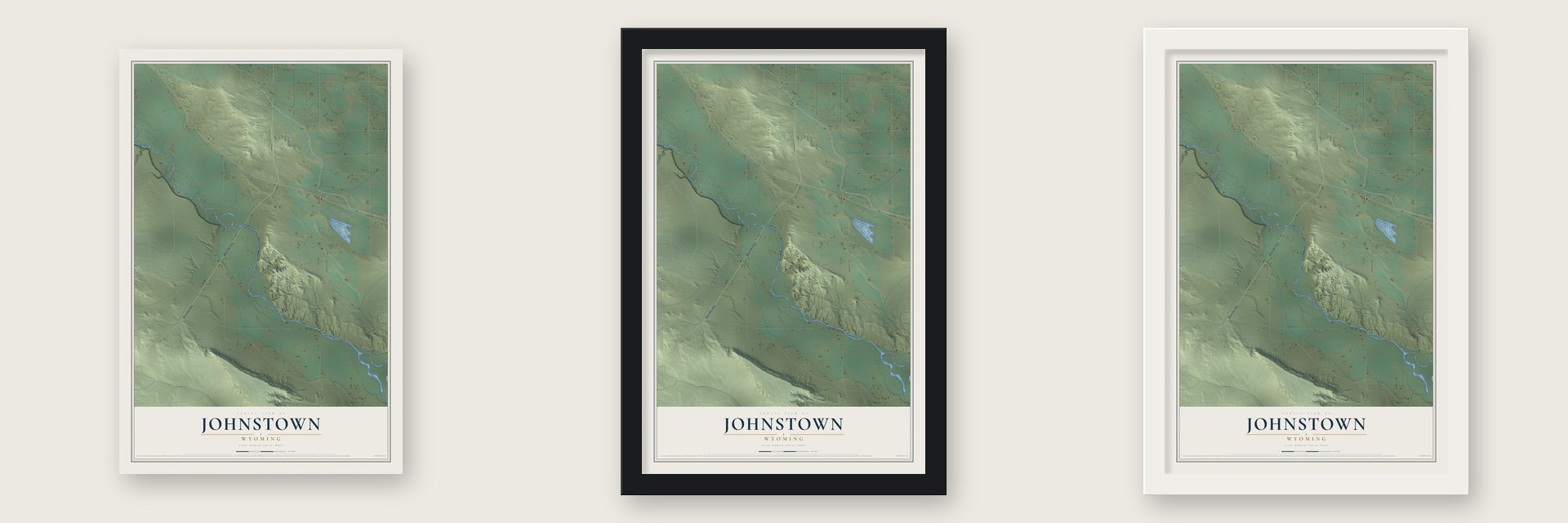 Johnstown, Wyoming map unframed, in a black wood frame and in a white wood frame