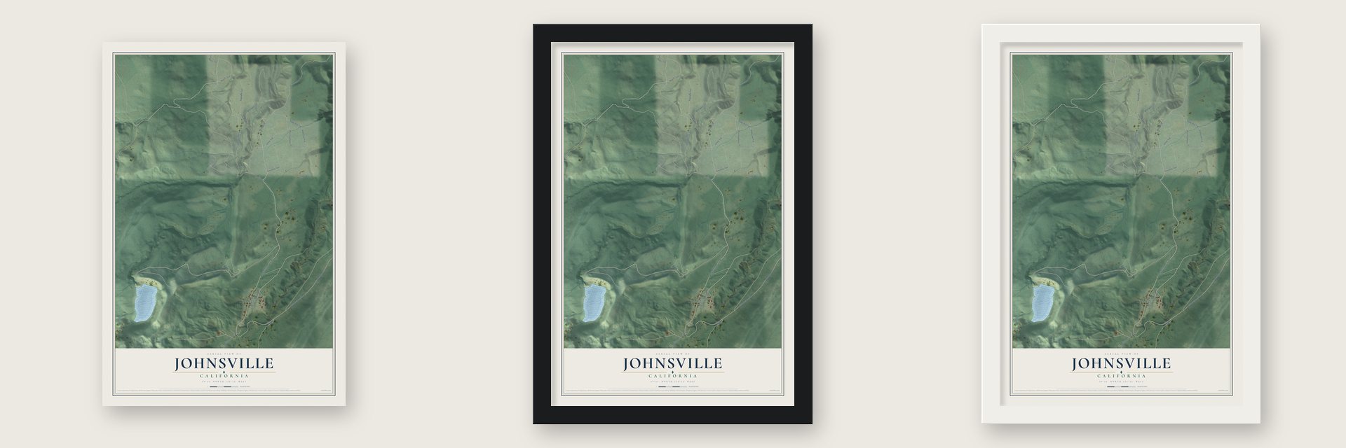 Johnsville, California map unframed, in a black wood frame and in a white wood frame