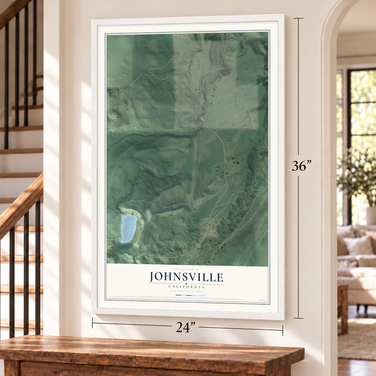 Johnsville, California map, 24 x 36 inch print in a white frame by a staircase