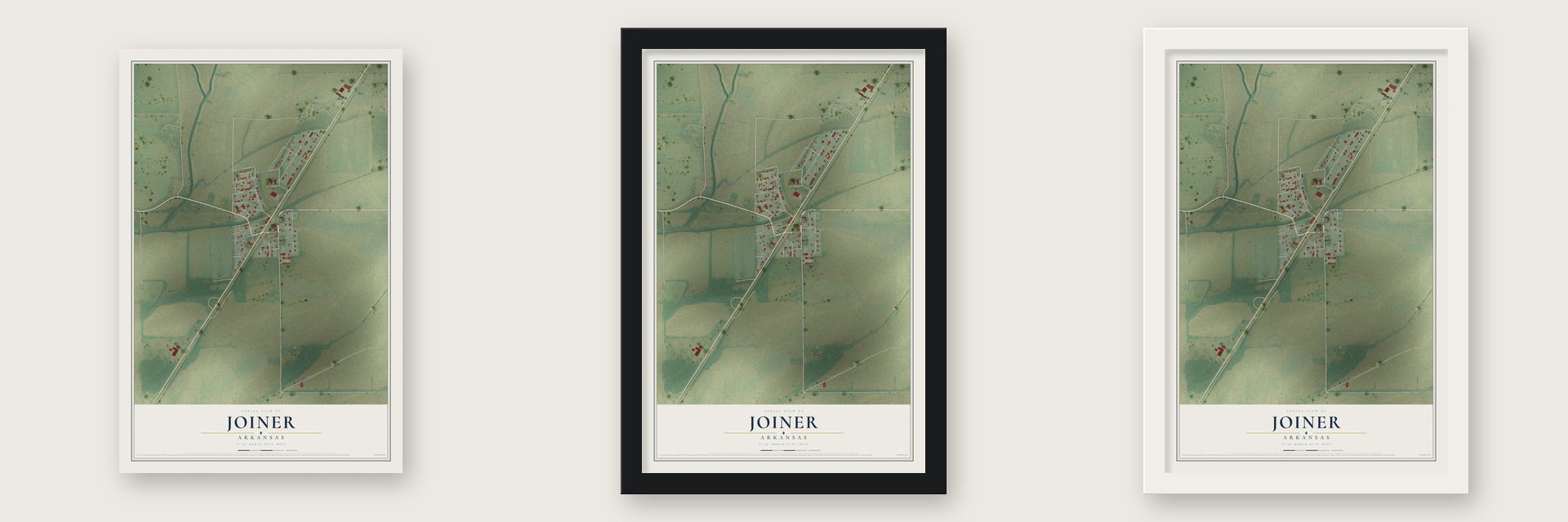 Joiner, Arkansas map unframed, in a black wood frame and in a white wood frame