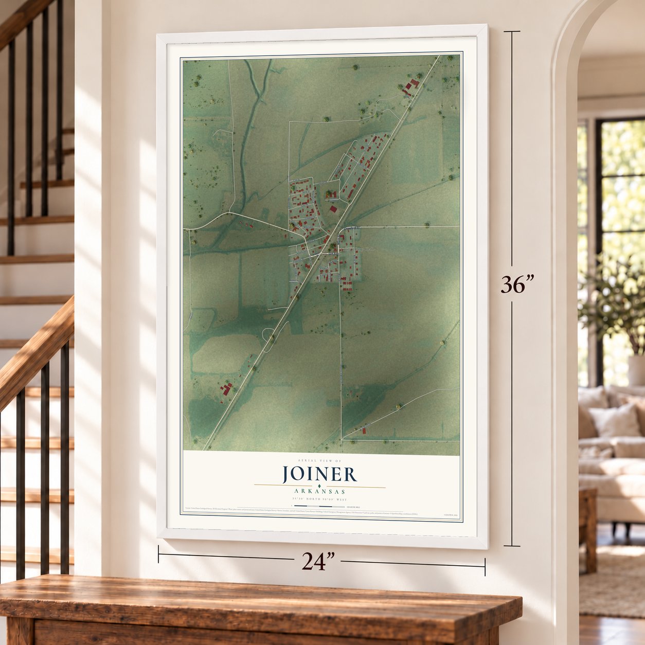 Joiner, Arkansas map, 24 x 36 inch print in a white frame by a staircase