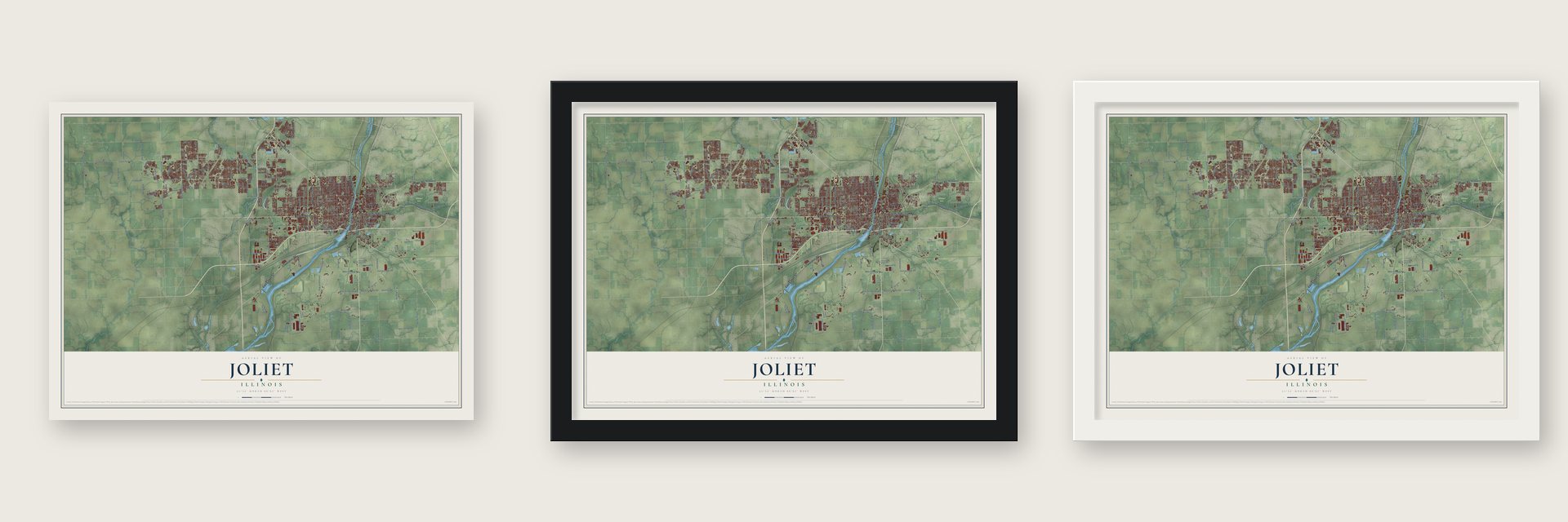 Joliet, Illinois map unframed, in a black wood frame and in a white wood frame