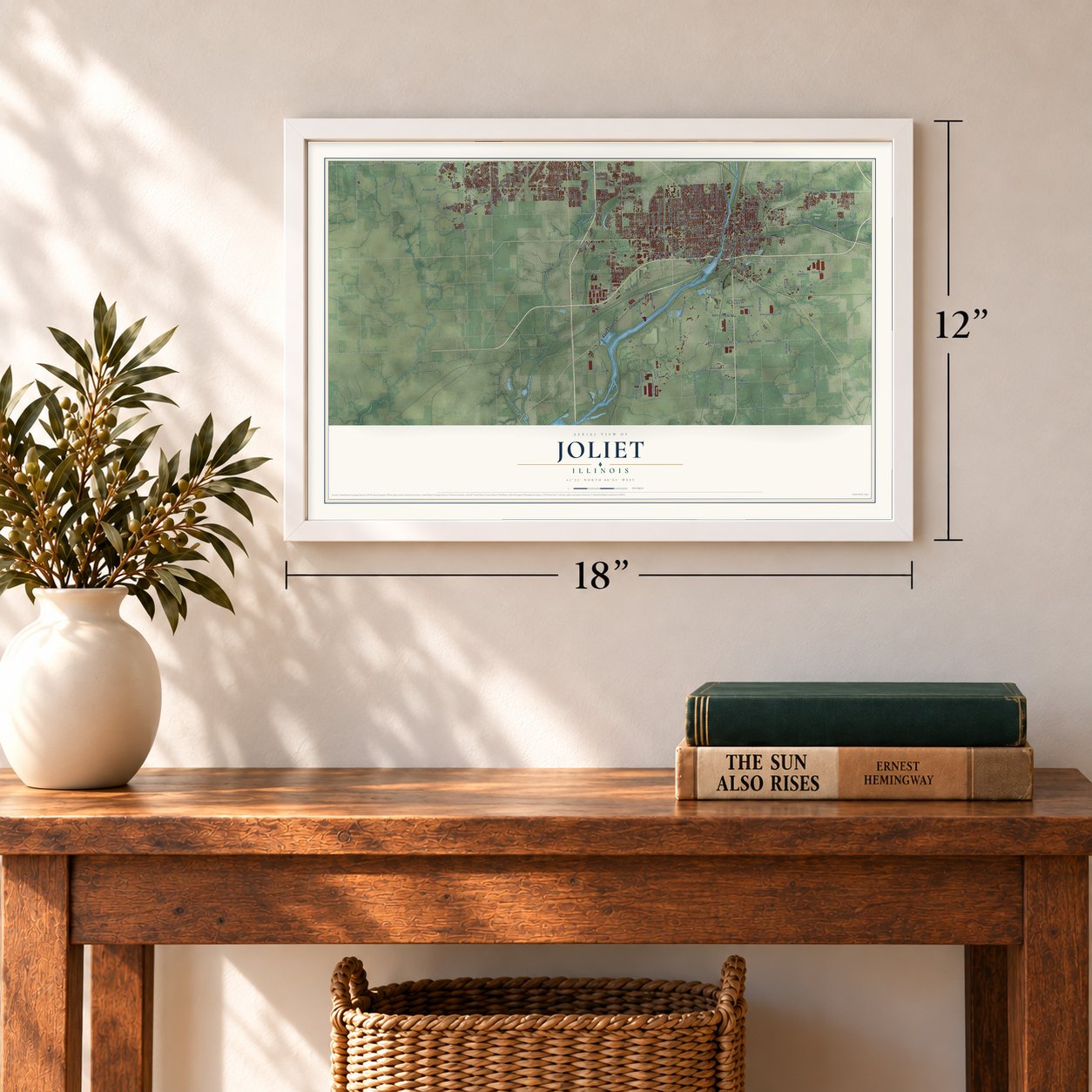 Joliet, Illinois map, 12 x 18 inch print in a white frame in an entryway