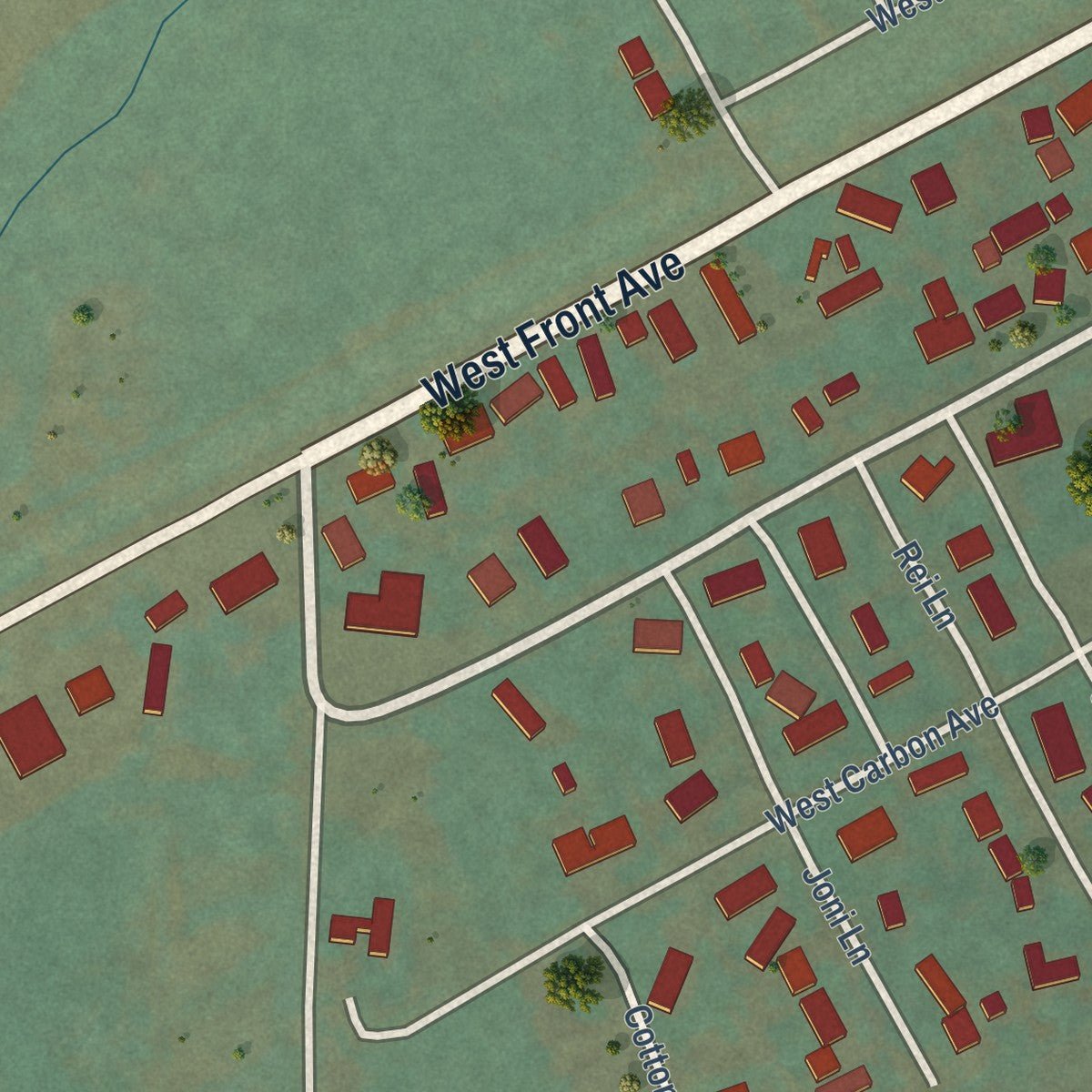 Second close-up of the map of Joliet, Montana print showing more streets and buildings