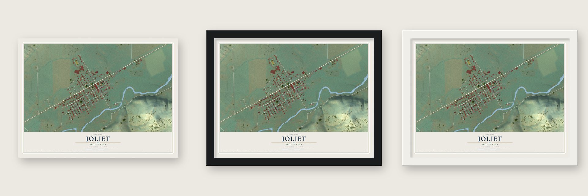 Joliet, Montana map unframed, in a black wood frame and in a white wood frame