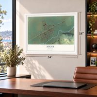 Joliet, Montana map, 18 x 24 inch print in a white frame in a home office