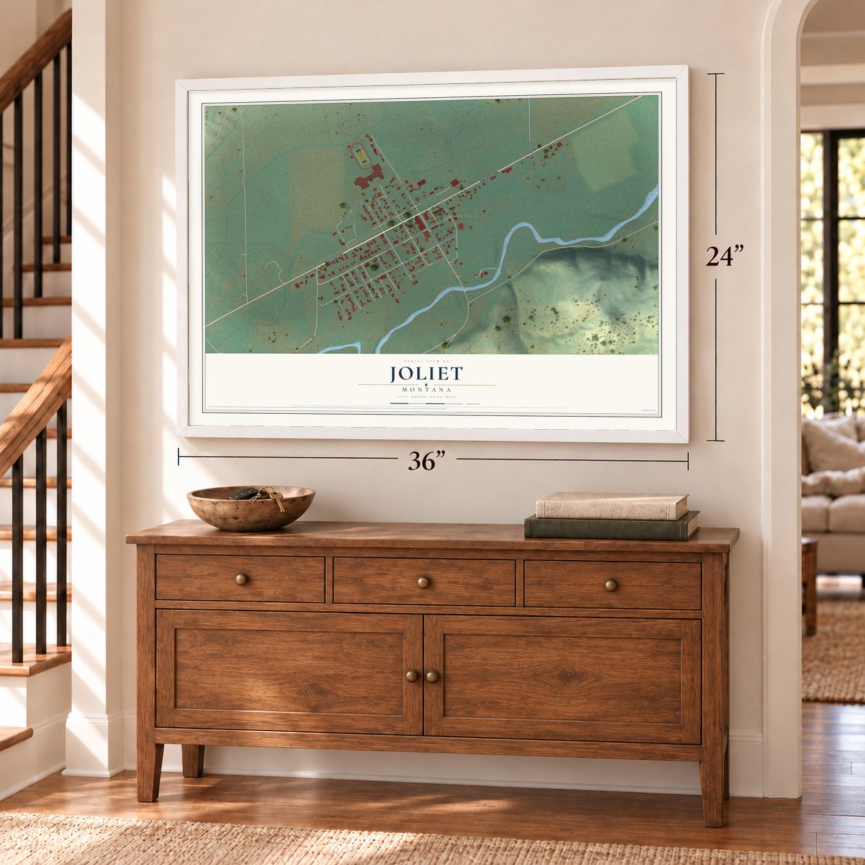 Joliet, Montana map, 24 x 36 inch print in a white frame above a dresser by a staircase