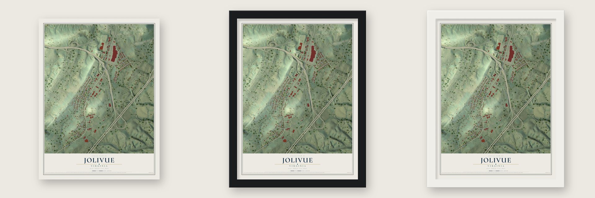 Jolivue, Virginia map unframed, in a black wood frame and in a white wood frame