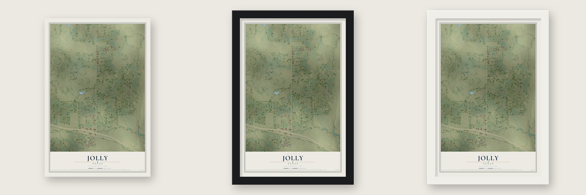 Jolly, Texas map unframed, in a black wood frame and in a white wood frame