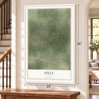Jolly, Texas map, 24 x 36 inch print in a white frame by a staircase