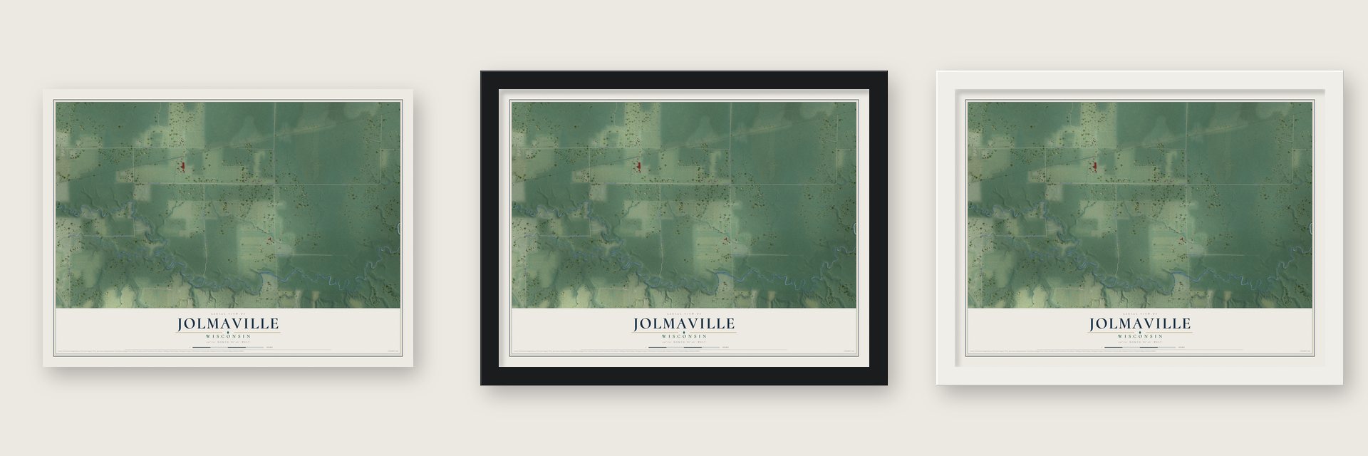 Jolmaville, Wisconsin map unframed, in a black wood frame and in a white wood frame